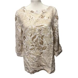 Charter Club Women's M 100% Linen D-Ring Top, Neutral Combo Leaf‎ Print NWT